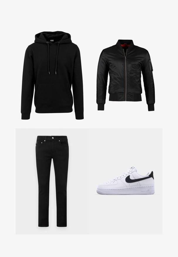 Veste bomber noire en nylon brillant avec une fermeture éclair à l'avant, des poignets côtelés et une poche zippée sur la manche gauche. L'intérieur est de couleur rouge vif.; Hoodie noir en tissu doux, avec une grande poche avant, des cordons de serrage et des poignets et un ourlet côtelés. Design simple et uni.; Jeans slim fit noirs avec cinq poches, bouton en métal et passants de ceinture, présentés à plat sur un fond blanc.; Sneaker en cuir blanc avec un Swoosh noir texturé, des lacets plats et une semelle en caoutchouc avec un motif strié. "AIR" est embossé sur le talon.
