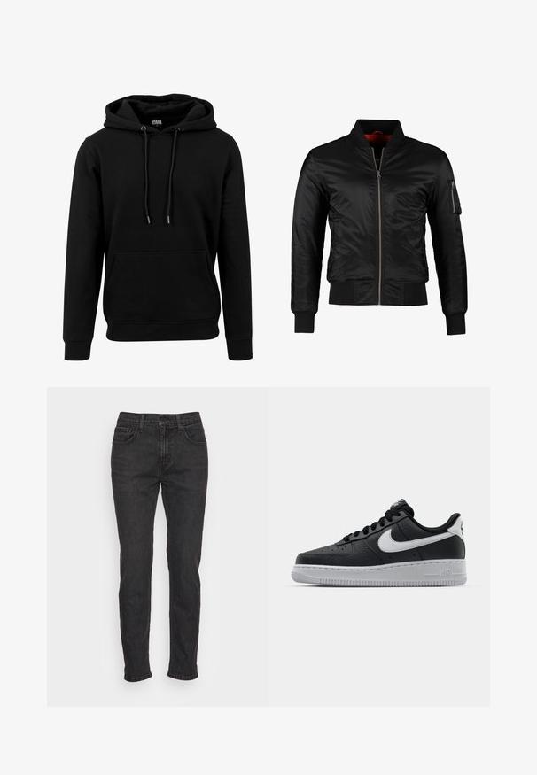 Sort bomberjakke lavet af skinnende nylon med frontlynlås, ribbede manchetter og en lynlåslomme på venstre ærme. Indersiden er lys rød.; Sort hoodie lavet af blødt materiale, med en stor frontlomme, snoretræk og ribbede manchetter og kant. Enkel, ensfarvet design.; Sorte denimjeans med en tætsiddende pasform, som har fem lommer, bæltestropper og diskrete syninger. Slidt tekstur langs stoffet.; Sort lædersneaker med tekstureret overflade, hvid Nike swoosh, grå sål, rund tå og snørebåndsdesign. Har perforeringer på tåboksen.