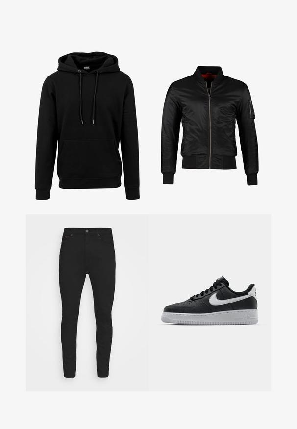 Schwarze Bomberjacke aus glänzendem Nylon mit einem Frontreißverschluss, gerippten Bündchen und einer Reißverschlusstasche am linken Ärmel. Das Innenfutter ist leuchtend rot.; Schwarzer Hoodie aus weichem Stoff, mit einer großen Fronttasche, Kordeln und gerippten Bündchen und Saum. Einfaches, einfarbiges Design.; Schwarze Slim-Fit-Jeans aus Denim, mit einem klassischen Fünf-Taschen-Design, einem Knopfverschluss und dezenten roten Nähakzenten.; Schwarze Ledersneaker mit strukturierten Oberflächen, weißem Nike-Swoosh, grauer Sohle, runder Zehenpartie und Schnürdesign. Verfügt über Perforationen an der Zehenbox.