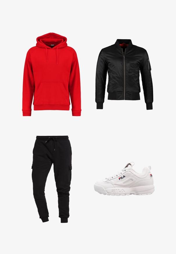 Veste bomber noire en nylon brillant avec une fermeture éclair à l'avant, des poignets côtelés et une poche zippée sur la manche gauche. L'intérieur est de couleur rouge vif.; Sweat à capuche rouge en tissu doux, avec une poche avant, un cordon de serrage à la capuche et des poignets et un ourlet côtelés. Design simple sans logos visibles.; Jogging en coton noir avec une coupe fuselée, taille élastique avec cordon de serrage et poches cargo sur les côtés. Texture lisse et poignets élastiques aux chevilles.; Baskets blanches de sport avec un dessus en cuir lisse, un col rembourré, des panneaux latéraux texturés et un logo de marque en rouge et bleu.