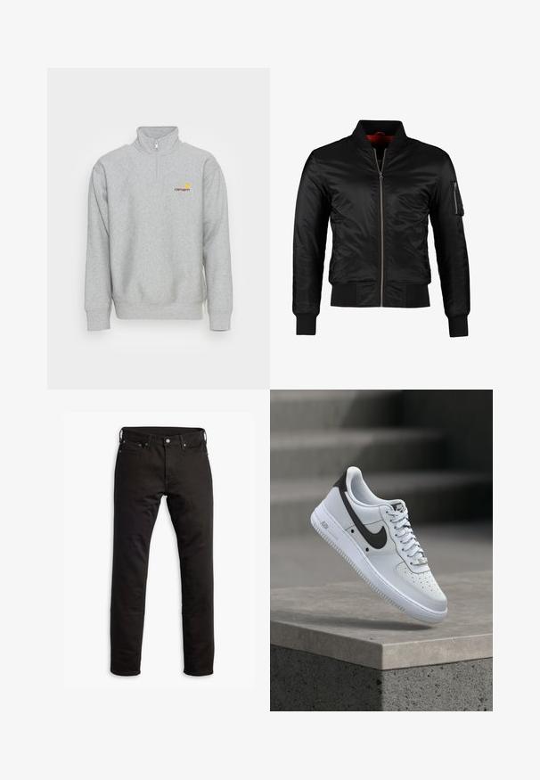 Veste bomber noire en nylon brillant avec une fermeture éclair à l'avant, des poignets côtelés et une poche zippée sur la manche gauche. L'intérieur est de couleur rouge vif.; Carhartt WIP HALF ZIP AMERICAN SCRIPT - Sweatshirt - grey heather; Jeans en denim noir avec une coupe droite, des poches avant et une fermeture à bouton. Le tissu a une texture lisse et un minimum de détails.; Baskets blanches Nike Air Force 1 avec logo Swoosh noir, flottant au-dessus d'un rebord en béton avec des escaliers flous en arrière-plan.