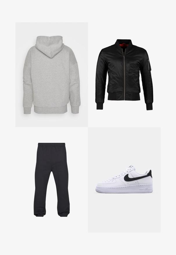 Veste bomber noire en nylon brillant avec une fermeture éclair à l'avant, des poignets côtelés et une poche zippée sur la manche gauche. L'intérieur est de couleur rouge vif.; Hoodie gris avec une capuche ajustée, des manches larges et un ourlet côtelé. Tissu doux et texturé sans motifs visibles ni détails en métal.; Pantalon de jogging noir avec taille élastique et poignets élastiques, fabriqué dans un tissu doux et lisse, présenté à plat de face.; Sneaker en cuir blanc avec un Swoosh noir texturé, des lacets plats et une semelle en caoutchouc avec un motif strié. "AIR" est embossé sur le talon.