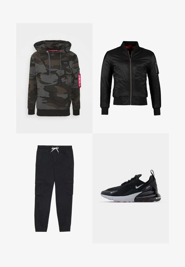 Sort bomberjakke lavet af skinnende nylon med frontlynlås, ribbede manchetter og en lynlåslomme på venstre ærme. Indersiden er lys rød.; Camo hoodie i nuancer af mørkegrøn og grå, med en front kangaroo-lomme, hætte med snor og en lynlåslomme med et rødt mærke.; Sorte cargobukser lavet af bomuld, med en elastisk talje med snøre, sidelommer og tætsiddende ankler.; Sort atletiksko med mesh-overdel, hvid sål og synlig luftdæmpning i hælen. Slank design med diskrete sølvdetaljer.