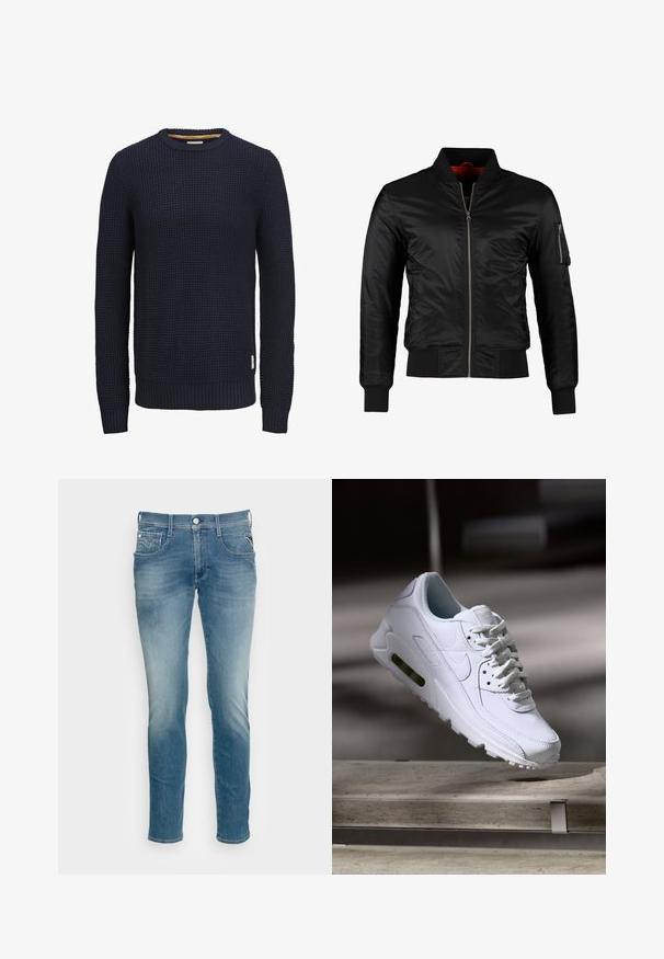 Chaqueta bomber negra hecha de nylon brillante con cierre frontal, puños acanalados y un bolsillo con cremallera en la manga izquierda. El interior es de un rojo brillante.; Jersey de punto azul marino de manga larga con cuello redondo, patrón texturizado tipo waffle y puños y dobladillo acanalados.; Replay Vaqueros slim fit - medium blue; Zapatilla blanca de piel con superficies texturizadas, cuello acolchado y amortiguación de aire visible en la suela. Presenta cordones y un diseño minimalista.