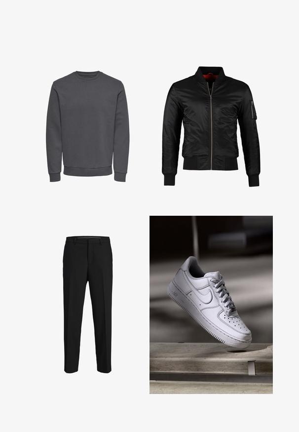 Sort bomberjakke lavet af skinnende nylon med frontlynlås, ribbede manchetter og en lynlåslomme på venstre ærme. Indersiden er lys rød.; Grå sweatshirt lavet af blødt stof med rund halsudskæring, lange ærmer og ribbede manchetter og kant for en tætsiddende pasform. Ingen mønstre eller logoer.; Sorte bukser lavet af glat stof, med lige snit, bæltestropper og et fladt frontdesign uden synlige mønstre eller pyntegenstande.; Hvid læder Nike Air Force 1 sneaker med perforeret tå, flade snørebånd og tekstureret gummisål med "AIR" branding på siden.
