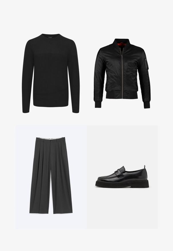 Chaqueta bomber negra hecha de nylon brillante con cierre frontal, puños acanalados y un bolsillo con cremallera en la manga izquierda. El interior es de un rojo brillante.; Suéter negro de punto con cuello redondo, que presenta un panel superior texturizado y puños y dobladillo acanalados. Hecho de una tela suave y cálida.; Pantalones de pierna ancha gris oscuro con finas rayas, pinzas delanteras, trabillas para cinturón y cierre con botón, extendidos sobre un fondo claro.; Zapatos estilo mocasín de cuero negro con suela plana y texturizada, con puntera cosida y una correa a lo largo del empeine.