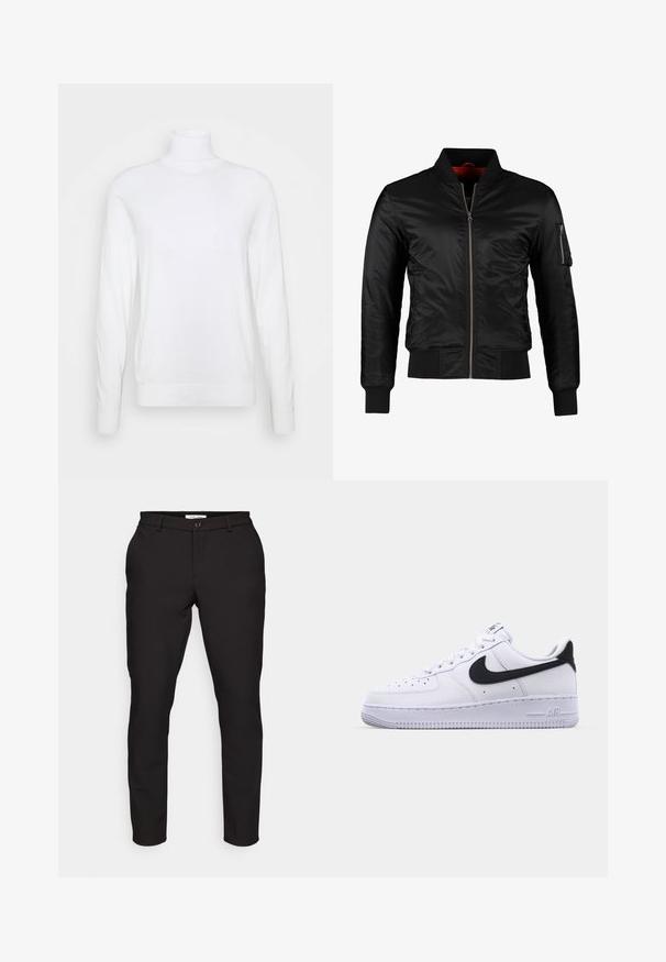 Veste bomber noire en nylon brillant avec une fermeture éclair à l'avant, des poignets côtelés et une poche zippée sur la manche gauche. L'intérieur est de couleur rouge vif.; Pull à col roulé blanc avec des manches longues, fabriqué en tissu lisse. Présente un design ajusté et des poignets et un ourlet côtelés. Pas de motifs ni d'accents.; Pantalons noirs ajustés avec une coupe slim. Comprend une fermeture à glissière, un bouton, des poches latérales et un tissu lisse et léger.; Sneaker en cuir blanc avec un Swoosh noir texturé, des lacets plats et une semelle en caoutchouc avec un motif strié. "AIR" est embossé sur le talon.