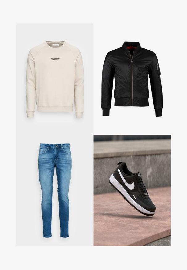 Zwarte bomberjack gemaakt van glanzend nylon met een ritssluiting aan de voorkant, ribgebreide manchetten en een ritszak op de linkermouw. De binnenkant is felrood.; Crème-kleurige sweatshirt met raglanmouwen, ribgebreide manchetten en zoom. Bevat een zwart tekstlogo aan de voorkant. Zacht, geweven stof.; Lichtblauwe skinny jeans van denim, met vervagingspatronen, vijf zakken en een voorste knoop met een rits.; Zwart-witte Nike Air Force 1 sneaker zwevend boven een roze betonnen oppervlak met een achtergrond van grijze stenen.
