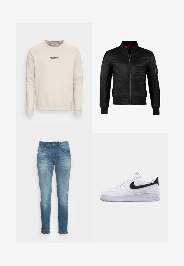 Zwarte bomberjack gemaakt van glanzend nylon met een ritssluiting aan de voorkant, ribgebreide manchetten en een ritszak op de linkermouw. De binnenkant is felrood.; Crème-kleurige sweatshirt met raglanmouwen, ribgebreide manchetten en zoom. Bevat een zwart tekstlogo aan de voorkant. Zacht, geweven stof.; Lichtblauwe denim jeans met een slim fit. Voorzien van een knoopsluiting, vijf zakken en subtiele wassingdetails aan de voorkant.; Witte leren sneaker met een gestructureerde zwarte Swoosh, platte veters en een rubberen zool met een geribbeld patroon. "AIR" is in de hak geperst.