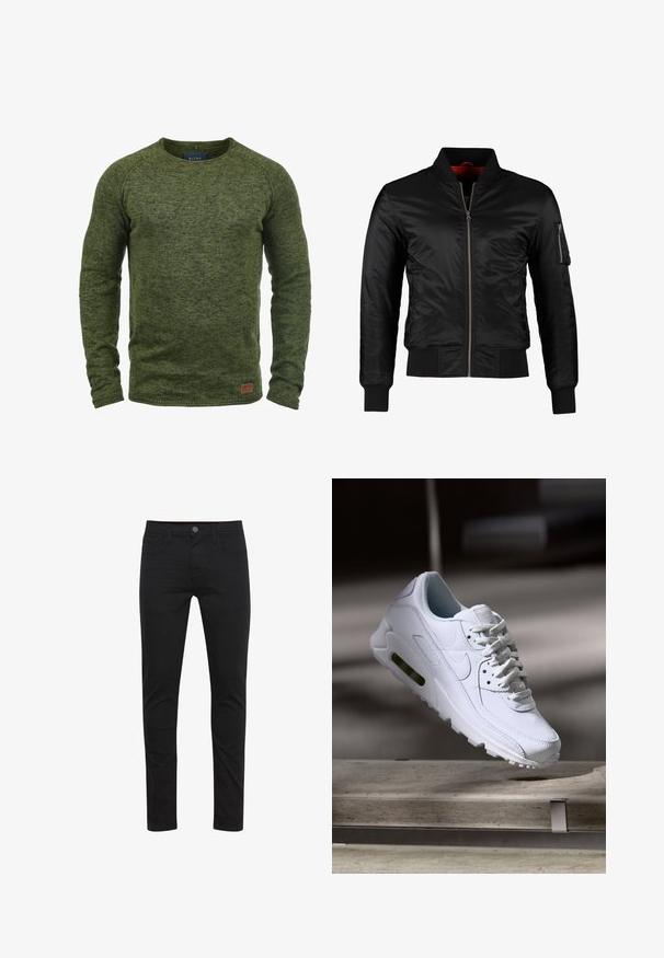 Sort bomberjakke lavet af skinnende nylon med frontlynlås, ribbede manchetter og en lynlåslomme på venstre ærme. Indersiden er lys rød.; Grøn sweater lavet af struktureret strikstof, med rund hals, lange ærmer og et lille brunt logo-patch på den nederste front.; Sorte skinny jeans lavet af letvægtsstof med frontknaplukning, fem lommer og diskrete syningsdetaljer.; Hvide lædersneakers med teksturerede overflader, polstret krave og synlig luftpolstring i sålen. Har snørrebånd og et minimalistisk design.
