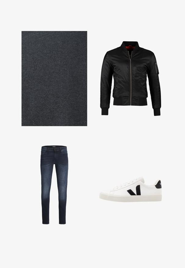 Veste bomber noire en nylon brillant avec une fermeture éclair à l'avant, des poignets côtelés et une poche zippée sur la manche gauche. L'intérieur est de couleur rouge vif.; Tissu en coton noir avec une texture lisse, présentant un motif de tricot uniforme et sans embellissements ni détails en métal visibles.; Jeans slim-fit bleu foncé avec texture délavée, fermeture à bouton et à zip, passants de ceinture, poches avant et arrière.; Sneaker blanche en cuir avec des accents en daim noir ; dispose d'une semelle en caoutchouc, d'un bout rond et d'un design classique à lacets. Logo latéral en noir.