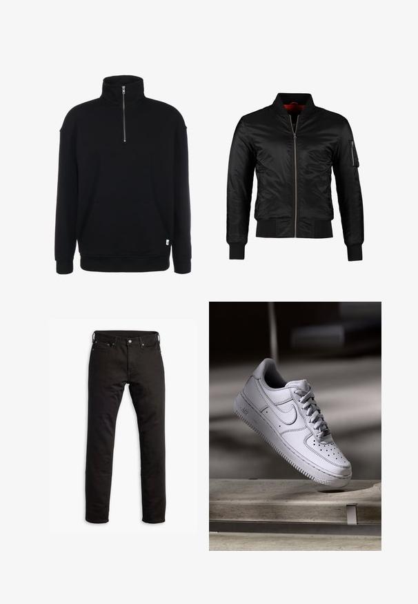 Schwarze Bomberjacke aus glänzendem Nylon mit einem Frontreißverschluss, gerippten Bündchen und einer Reißverschlusstasche am linken Ärmel. Das Innenfutter ist leuchtend rot.; Schwarzer Sweatshirt mit Zip-Kragen, langen Ärmeln, weicher Textur, einer Fronttasche und einem kleinen grünen Logo am Saum.; Schwarze Denim-Jeans mit geradem Bein, Fronttaschen und Knopfverschluss. Der Stoff hat eine glatte Textur und minimale Details.; Weißer Nike Air Force 1 Sneaker aus Leder mit perforierter Zehenpartie, flachen Schnürsenkeln und strukturierter Gummisohle mit "AIR"-Branding an der Seite.