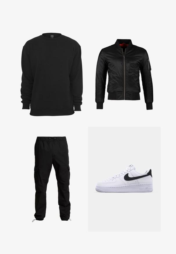 Schwarze Bomberjacke aus glänzendem Nylon mit einem Frontreißverschluss, gerippten Bündchen und einer Reißverschlusstasche am linken Ärmel. Das Innenfutter ist leuchtend rot.; Schwarzer Sweatshirt mit Rundhalsausschnitt und langen Ärmeln, aus Baumwollmischgewebe. Verfügt über gerippte Bündchen und Saum, eine weiche Textur und eine lockere Passform.; Schwarze Cargo-Hosen aus strapazierfähigem Stoff, mit elastischem Bund, verstellbaren Kordeln und Seitentaschen mit Klappen.; Weißes Leder-Sneaker mit einem strukturierten schwarzen Swoosh, flachen Schnürsenkeln und einer Gummisohle mit genoppetem Muster. "AIR" ist auf der Ferse eingeprägt.