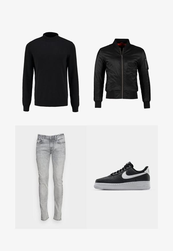 Chaqueta bomber negra hecha de nylon brillante con cierre frontal, puños acanalados y un bolsillo con cremallera en la manga izquierda. El interior es de un rojo brillante.; Suéter negro de punto con cuello alto, mangas largas y puños y dobladillo acanalados, que presenta una textura suave y una silueta clásica.; Jeans de mezclilla gris ajustados con cinco bolsillos, cierre de botón y costuras en contraste. La tela tiene un aspecto ligeramente desgastado y texturizado.; Zapatilla negra de cuero con superficie texturizada, logo de Nike en blanco, suela gris, puntera redonda y diseño de encaje. Presenta perforaciones en la puntera.