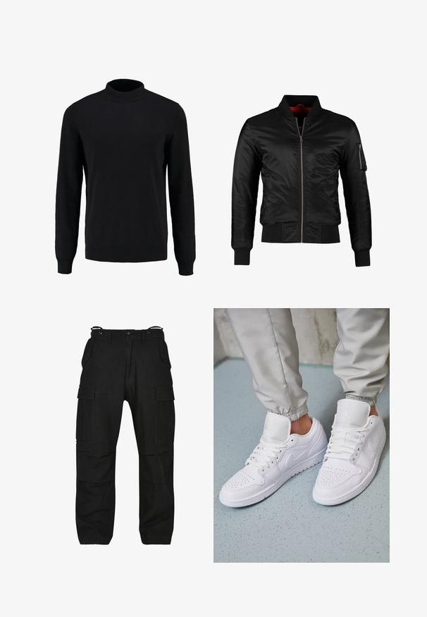 Veste bomber noire en nylon brillant avec une fermeture éclair à l'avant, des poignets côtelés et une poche zippée sur la manche gauche. L'intérieur est de couleur rouge vif.; Pull en maille noir avec un col montant, des manches longues, et des poignets et un ourlet côtelés, présentant une texture lisse et une silhouette classique.; Pantalons cargo noirs en tissu résistant. Comprend plusieurs poches, une coupe décontractée et une fermeture éclair avec bouton. Couture renforcée sur les coutures.; Des baskets en cuir blanc présentent une zone de perforation à l'avant, des lacets plats, un col rembourré et le logo Jordan sur la languette. Portées avec un pantalon de jogging gris.