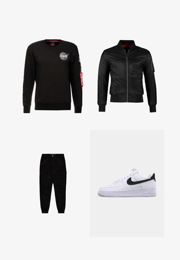 Veste bomber noire en nylon brillant avec une fermeture éclair à l'avant, des poignets côtelés et une poche zippée sur la manche gauche. L'intérieur est de couleur rouge vif.; Alpha Industries NASA - Sweatshirt - schwarz; Pantalons cargo noirs en coton, dotés de deux poches avant et de deux poches cargo sur les côtés, avec des poignets et une taille élastiqués.; Sneaker en cuir blanc avec un Swoosh noir texturé, des lacets plats et une semelle en caoutchouc avec un motif strié. "AIR" est embossé sur le talon.