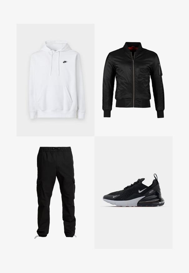 Zwarte bomberjack gemaakt van glanzend nylon met een ritssluiting aan de voorkant, ribgebreide manchetten en een ritszak op de linkermouw. De binnenkant is felrood.; Witte hoodie met voorzak, trekkoord in de kap en klein zwart Nike-logo op de linkerborst.; Zwarte cargobroek van duurzaam materiaal, met een elastische tailleband, verstelbare trekkoorden en zijzakken met kleppen.; Zwarte sportieve schoen met bovenwerk van mesh, witte tussenzool en zichtbare luchtkussens in de hiel. Slank ontwerp met subtiele zilveren accenten.