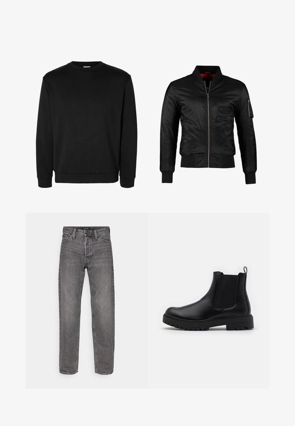 Chaqueta bomber negra hecha de nylon brillante con cierre frontal, puños acanalados y un bolsillo con cremallera en la manga izquierda. El interior es de un rojo brillante.; Sudadera negra de manga larga con cuello redondo, puños y bajo acanalados, diseño sencillo y sin logotipos ni estampados visibles.; Jeans de denim gris con corte recto, cinco bolsillos y una textura ligeramente desgastada. Cuenta con una cinturilla con marca y herrajes estándar.; Zign LEATHER - Botines - black
