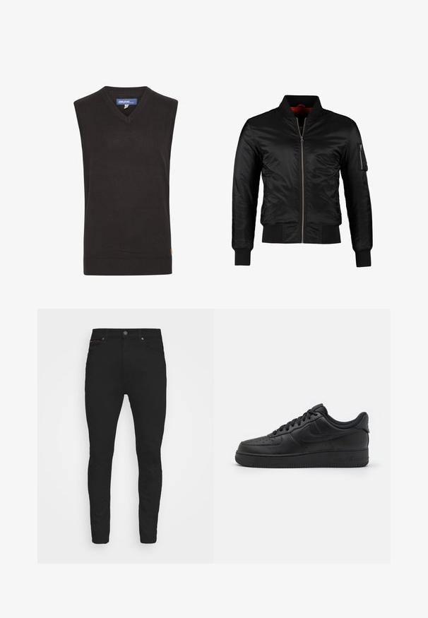 Veste bomber noire en nylon brillant avec une fermeture éclair à l'avant, des poignets côtelés et une poche zippée sur la manche gauche. L'intérieur est de couleur rouge vif.; Blend BHLARSSON - Pullover - black; Jean slim noir en denim, doté d'un design classique à cinq poches, d'une fermeture à bouton et de subtils accents de couture rouge.; Nike Sportswear AIR FORCE 1 07 FLYEASE - Baskets basses - black