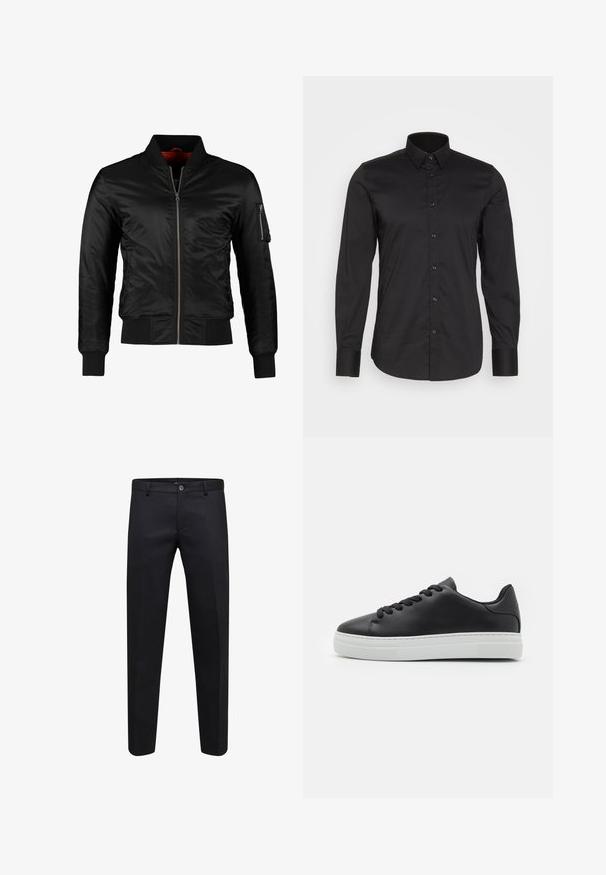 Veste bomber noire en nylon brillant avec une fermeture éclair à l'avant, des poignets côtelés et une poche zippée sur la manche gauche. L'intérieur est de couleur rouge vif.; Chemise noire à manches longues et à boutons en coton. Elle possède un col classique, une fermeture à boutons sur le devant et une texture unie avec des boutons assortis.; Pantalon formel noir avec boutonnière et fermeture éclair, coupe droite et passants de ceinture, présenté sur fond blanc.; Sneaker en cuir noir avec bout rond, semelle en caoutchouc blanc et lacets noirs. Présente une finition lisse et un design minimaliste.