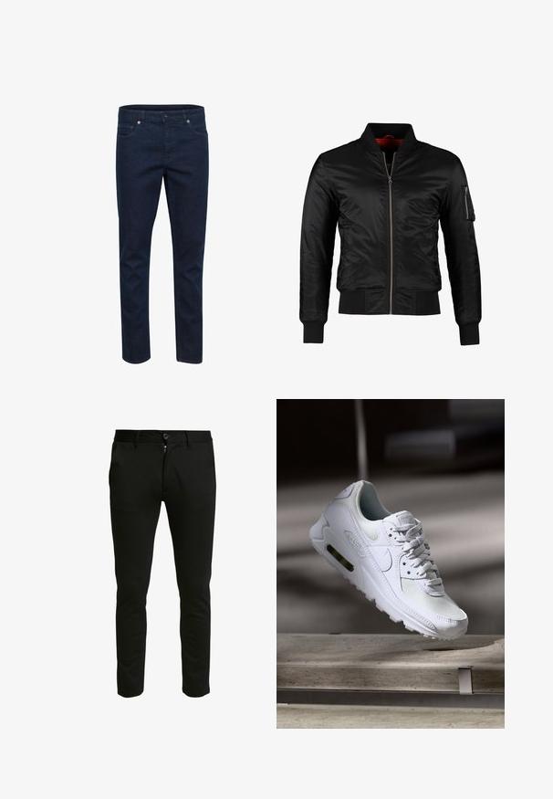 Sort bomberjakke lavet af skinnende nylon med frontlynlås, ribbede manchetter og en lynlåslomme på venstre ærme. Indersiden er lys rød.; Mørkeblå denimjeans med slim fit, fem lommer og knaplukning, vist mod en hvid baggrund.; Sorte slim-fit bukser lavet af et blødt stof. Har lynlås og knaplukning, med to sidelommer og en ren, glat tekstur.; Hvide Nike Air Max 90 sneakers med en overdel i mesh og læder, perforeret tåboks og en synlig luftenhed i hælen.