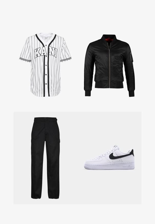 Chaqueta bomber negra hecha de nylon brillante con cierre frontal, puños acanalados y un bolsillo con cremallera en la manga izquierda. El interior es de un rojo brillante.; Camisa de béisbol blanca de manga corta con rayas negras, que presenta un cierre frontal de botones y la palabra "KANI" exhibida de forma destacada en letras negras.; Pantalones cargo negros con corte recto, con bolsillos laterales, cierre de botón y puños elásticos en los tobillos. Fabricados con material resistente.; Zapatilla blanca de cuero con un Swoosh negro texturizado, cordones planos y una suela de goma con un patrón estriado. "AIR" está grabado en el talón.