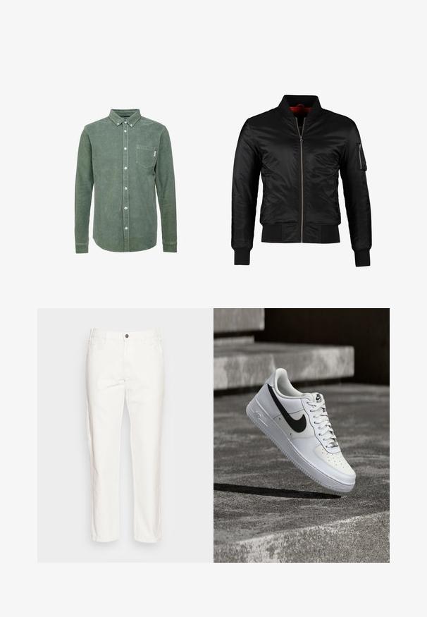 Veste bomber noire en nylon brillant avec une fermeture éclair à l'avant, des poignets côtelés et une poche zippée sur la manche gauche. L'intérieur est de couleur rouge vif.; Chemise en velours côtelé vert avec un col boutonné, des manches longues, une poche sur la poitrine gauche et des boutons blancs. Finition texturée.; Pantalon en coton blanc avec une coupe droite, poches avant, fermeture à bouton unique et une texture douce.; Baskets blanches Nike Air Force 1 avec le swoosh noir, lacets attachés, en suspension dans les airs au-dessus d'une surface en béton texturé en extérieur.
