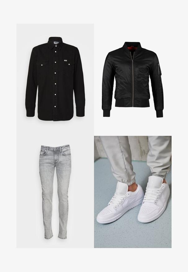 Veste bomber noire en nylon brillant avec une fermeture éclair à l'avant, des poignets côtelés et une poche zippée sur la manche gauche. L'intérieur est de couleur rouge vif.; Chemise noire à manches longues avec col pointu, deux poches poitrine, boutons-pression blancs et tissu texturé. Logo Wrangler sur la poitrine gauche.; Jean en denim gris ajusté avec cinq poches, une braguette à boutons et des coutures contrastées. Le tissu a un aspect légèrement délavé et texturé.; Des baskets en cuir blanc présentent une zone de perforation à l'avant, des lacets plats, un col rembourré et le logo Jordan sur la languette. Portées avec un pantalon de jogging gris.