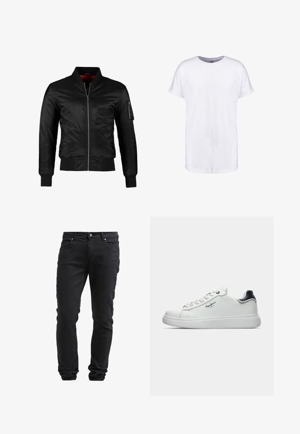 Schwarze Bomberjacke aus glänzendem Nylon mit einem Frontreißverschluss, gerippten Bündchen und einer Reißverschlusstasche am linken Ärmel. Das Innenfutter ist leuchtend rot.; Weißes Baumwoll-T-Shirt mit kurzen Ärmeln, Rundhalsausschnitt und lockerer Passform. Glatte Textur und keine sichtbaren Muster oder Designs.; Schwarze Slim-Fit-Jeans mit Knopf- und Reißverschluss, fünf Taschen und elastischen Bündchen an den Knöcheln.; Weiße Low-Top-Sneaker mit schwarzem Fersenakzent, weißen Schnürsenkeln und dem "Pepe Jeans London"-Logo an der Seite, seitlich auf einem weißen Hintergrund gezeigt.