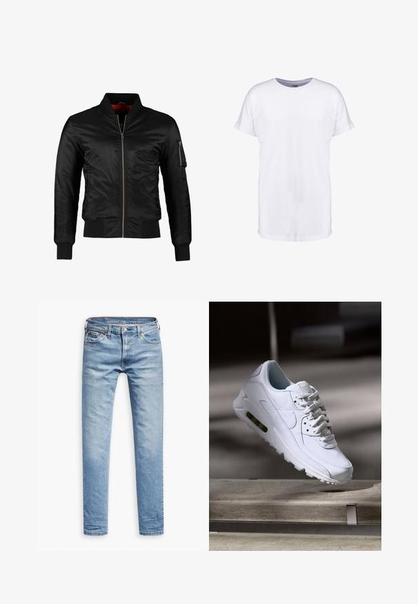 Schwarze Bomberjacke aus glänzendem Nylon mit einem Frontreißverschluss, gerippten Bündchen und einer Reißverschlusstasche am linken Ärmel. Das Innenfutter ist leuchtend rot.; Weißes Baumwoll-T-Shirt mit kurzen Ärmeln, Rundhalsausschnitt und lockerer Passform. Glatte Textur und keine sichtbaren Muster oder Designs.; Helle blaue Jeans, gerade geschnitten, mit fünf Taschen, Reißverschluss und Knopfverschluss. Glatte Textur mit dezenten Ausbleichungen.; Weiße Lederturnschuhe mit strukturierten Oberflächen, gepolstertem Kragen und sichtbarer Luftpolsterung in der Sohle. Verfügt über Schnürsenkel und ein minimalistisches Design.