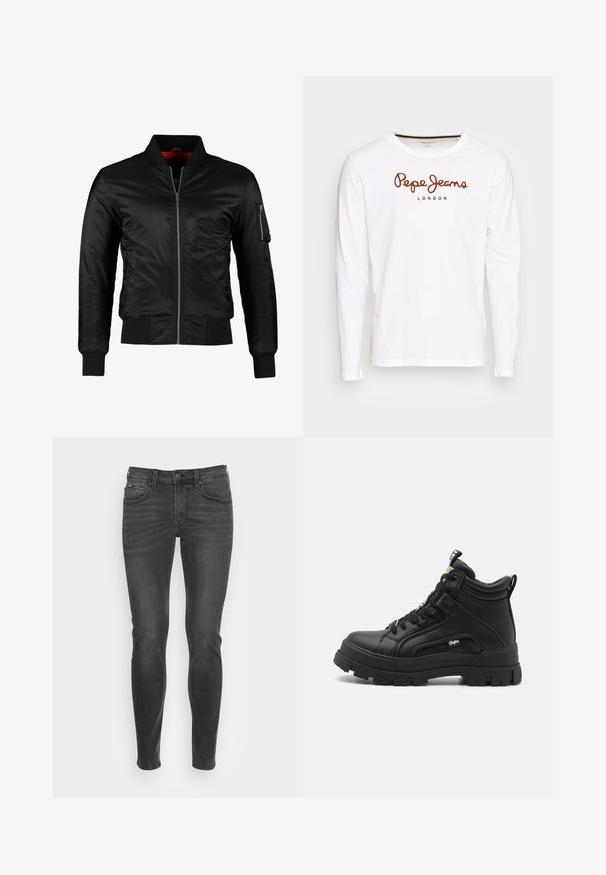 Zwarte bomberjack gemaakt van glanzend nylon met een ritssluiting aan de voorkant, ribgebreide manchetten en een ritszak op de linkermouw. De binnenkant is felrood.; Witte T-shirt met lange mouwen van katoen, met een bruine "Pepe Jeans" logo en de tekst "LONDON" gecentreerd op de borst.; Slim-fit zwarte jeans met een gladde textuur, voorzien van een klassieke vijf-pocket stijl en subtiele vervaging aan de voorkant.; Zwarte hoge schoenen van gestructureerd leer, met een dikke rubberen zool, vetersluiting aan de voorkant en een klein logo detail aan de zijkant.