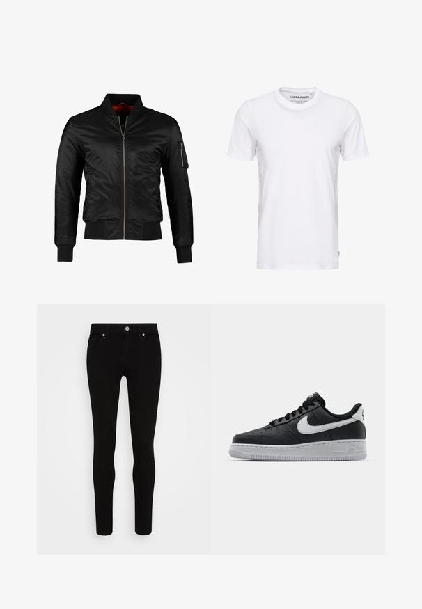 Veste bomber noire en nylon brillant avec une fermeture éclair à l'avant, des poignets côtelés et une poche zippée sur la manche gauche. L'intérieur est de couleur rouge vif.; T-shirt blanc à manches courtes en coton, avec un col rond et un design simple. Étiquette de marque visible au niveau du cou. Aucun motif ni accent.; Jean skinny noir avec une texture lisse, conception à cinq poches, fermeture à bouton sur le devant et silhouette épurée. Style minimaliste sans motifs visibles.; Baskets en cuir noir avec surface texturée, swoosh Nike blanc, semelle grise, bout rond et design à lacets. Comprend des perforations sur la boîte à orteils.