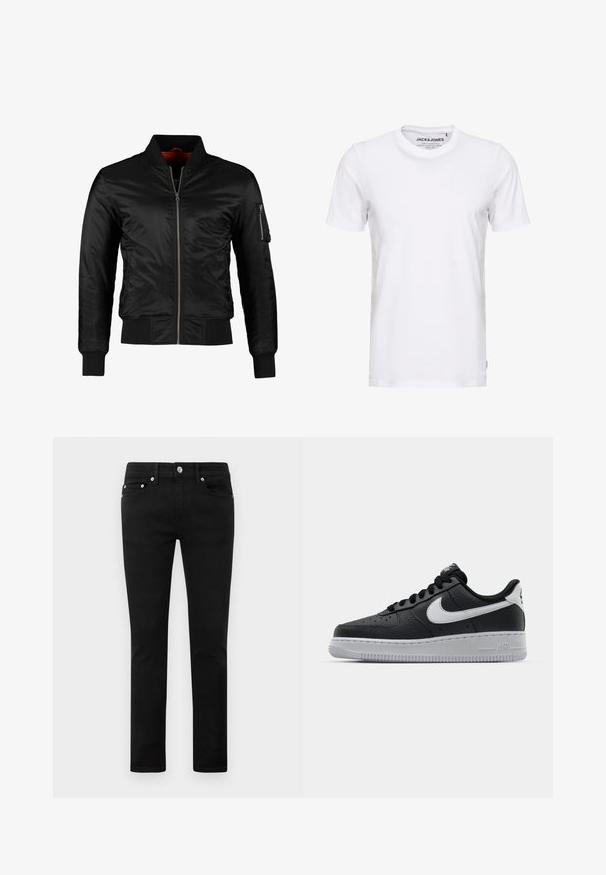 Sort bomberjakke lavet af skinnende nylon med frontlynlås, ribbede manchetter og en lynlåslomme på venstre ærme. Indersiden er lys rød.; Hvid t-shirt med korte ærmer lavet af bomuld, med en rund hals og et enkelt design. Brandtag synlig på halsområdet. Ingen mønstre eller accenter.; Sorte tætsiddende jeans med fem lommer, metalknap og bæltestropper, præsenteret fladt på en hvid baggrund.; Sort lædersneaker med tekstureret overflade, hvid Nike swoosh, grå sål, rund tå og snørebåndsdesign. Har perforeringer på tåboksen.