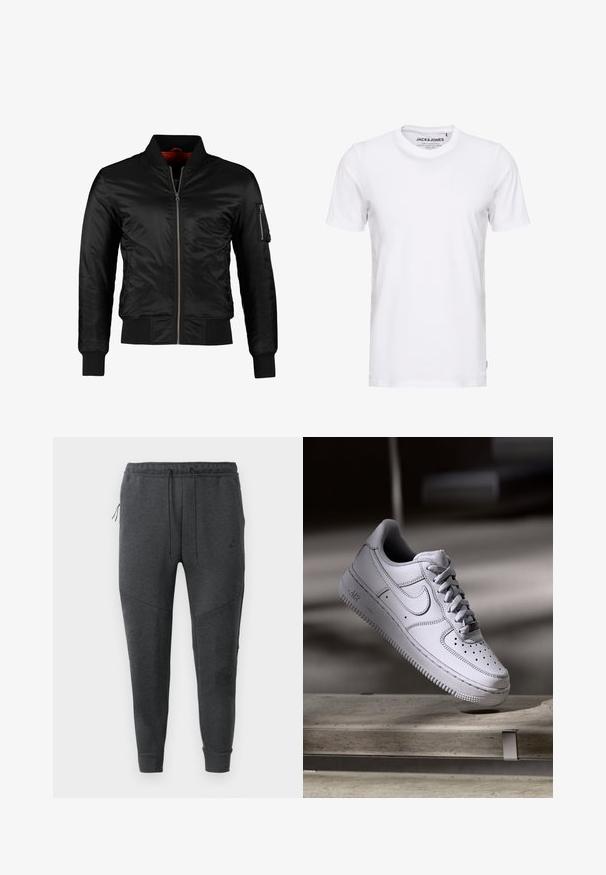 Schwarze Bomberjacke aus glänzendem Nylon mit einem Frontreißverschluss, gerippten Bündchen und einer Reißverschlusstasche am linken Ärmel. Das Innenfutter ist leuchtend rot.; Weißes T-Shirt mit kurzen Ärmeln aus Baumwolle, mit Rundhalsausschnitt und einem schlichten Design. Markentag im Nackenbereich sichtbar. Keine Muster oder Verzierungen.; Dunkelgraue Nike Jogginghosen mit Kordelzugbund, seitlichem Reißverschlusstaschen, schmal zulaufenden Beinen und gerippten Bündchen auf einem weißen Hintergrund.; Weißer Nike Air Force 1 Sneaker aus Leder mit perforierter Zehenpartie, flachen Schnürsenkeln und strukturierter Gummisohle mit "AIR"-Branding an der Seite.