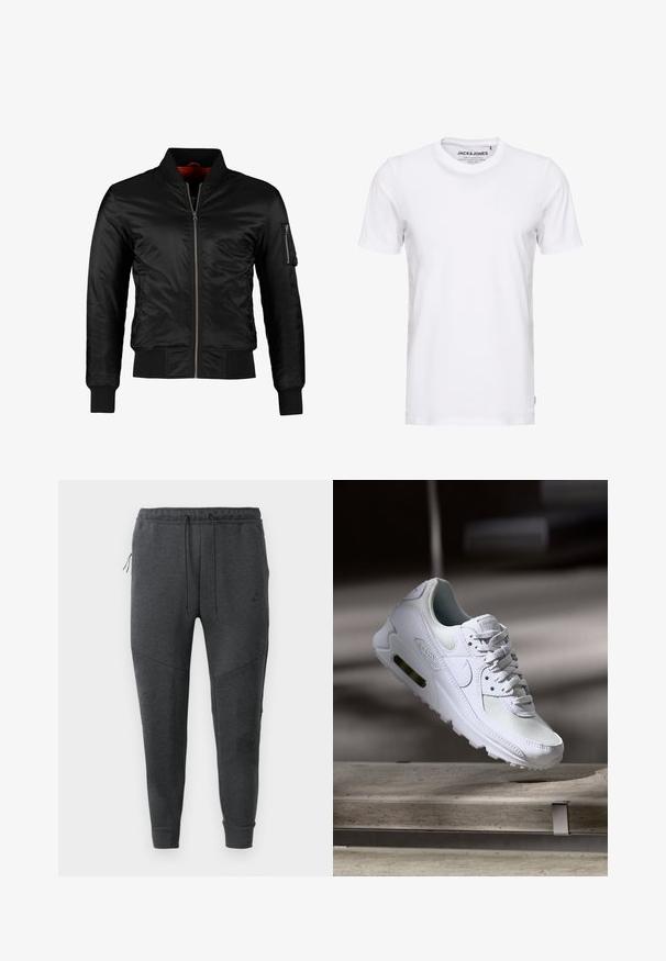 Chaqueta bomber negra hecha de nylon brillante con cierre frontal, puños acanalados y un bolsillo con cremallera en la manga izquierda. El interior es de un rojo brillante.; Camiseta de manga corta blanca, hecha de algodón, con cuello redondo y un diseño sencillo. Etiqueta de la marca visible en la zona del cuello. Sin patrones ni detalles.; Pantalones jogger Nike de color gris oscuro con cordón en la cintura, bolsillo lateral con cremallera, piernas ajustadas y puños acanalados sobre un fondo blanco.; Zapatilla Nike Air Max 90 blanca con parte superior de malla y cuero, caja de puntera perforada y unidad de aire visible en el talón.