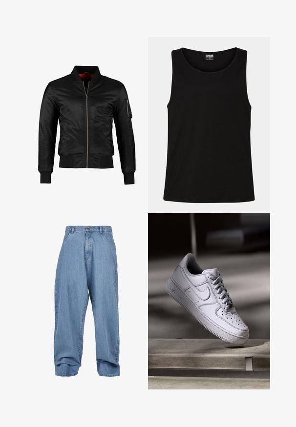 Schwarze Bomberjacke aus glänzendem Nylon mit einem Frontreißverschluss, gerippten Bündchen und einer Reißverschlusstasche am linken Ärmel. Das Innenfutter ist leuchtend rot.; Schwarzes Tanktop aus weichem Baumwollstoff. Hat einen runden Halsausschnitt und breite Armausschnitte, ohne sichtbare Muster oder Akzente.; Hellblaue Jeanshosen mit lockerem Schnitt, Knopfverschluss, frontalen Taschen und umgeschlagenem Saum, ausgestattet mit einem klassischen Fünf-Taschen-Design.; Weißer Nike Air Force 1 Sneaker aus Leder mit perforierter Zehenpartie, flachen Schnürsenkeln und strukturierter Gummisohle mit "AIR"-Branding an der Seite.