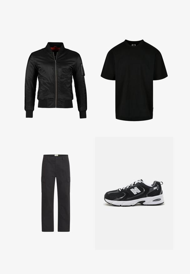 Veste bomber noire en nylon brillant avec une fermeture éclair à l'avant, des poignets côtelés et une poche zippée sur la manche gauche. L'intérieur est de couleur rouge vif.; T-shirt noir en coton, avec un col rond et des manches courtes, à coupe ample. Design simple, sans motifs ni graphiques.; Pantalon cargo noir à jambes droites avec poches à rabat sur les côtés et fermeture avant par bouton et fermeture éclair, présenté sur un fond blanc.; Baskets de sport noires et grises avec un tige en mesh et en suède, présentant une semelle intermédiaire blanche, des lacets et un logo "N" audacieux sur le côté.