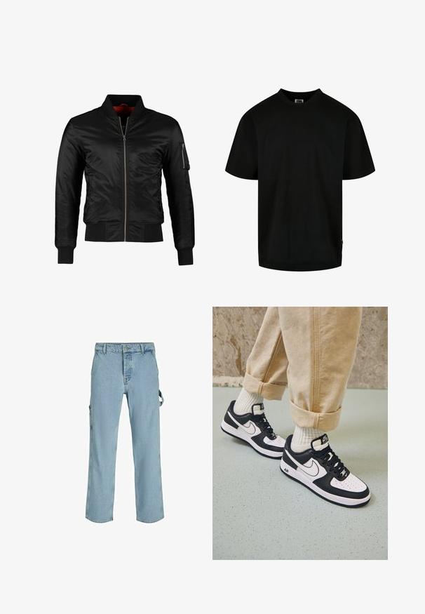 Chaqueta bomber negra hecha de nylon brillante con cierre frontal, puños acanalados y un bolsillo con cremallera en la manga izquierda. El interior es de un rojo brillante.; Camiseta negra de algodón, con cuello redondo y mangas cortas de corte holgado. Diseño sencillo, sin patrones ni gráficos.; Pantalones cargo de mezclilla azul claro con un corte relajado, que cuentan con lazos de sujeción laterales y bolsillos frontales, mostrando una textura desgastada.; Zapatillas Nike Air Force 1 en blanco y negro con parte superior de cuero, puntera perforada y detalle de suela texturizada, combinadas con pantalones beiges remangados y calcetines blancos.