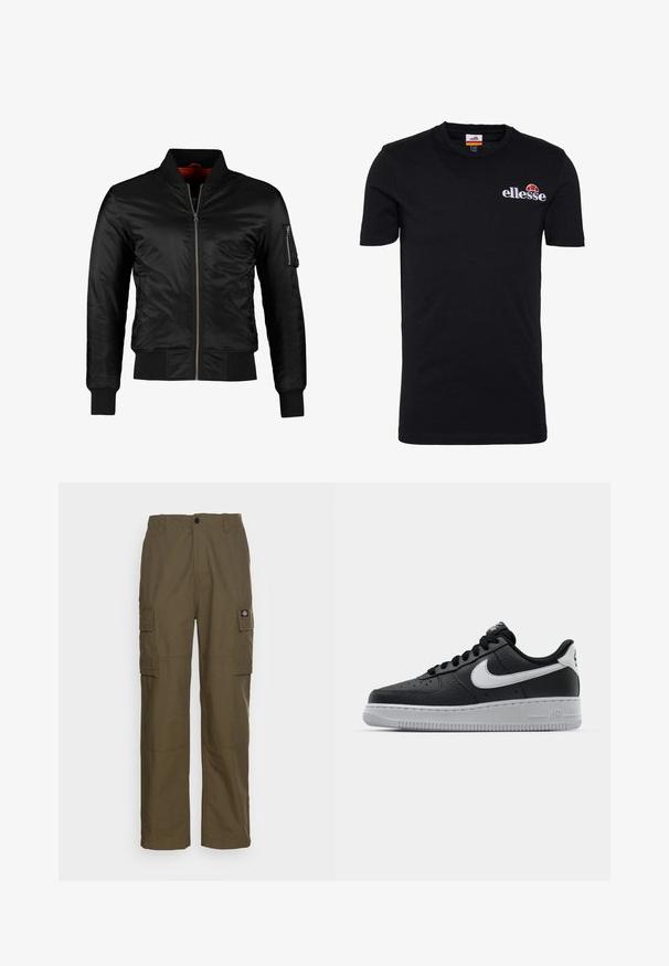 Sort bomberjakke lavet af skinnende nylon med frontlynlås, ribbede manchetter og en lynlåslomme på venstre ærme. Indersiden er lys rød.; Sort kortærmet t-shirt lavet af bomuld. Har en rund halsudskæring og et broderet "ellesse" logo med rød og orange accent.; Cargo bukser i olivengrøn, lavet af slidstærkt stof. Har to sidelommer, en standard talje og en lige ben design.; Sort lædersneaker med tekstureret overflade, hvid Nike swoosh, grå sål, rund tå og snørebåndsdesign. Har perforeringer på tåboksen.