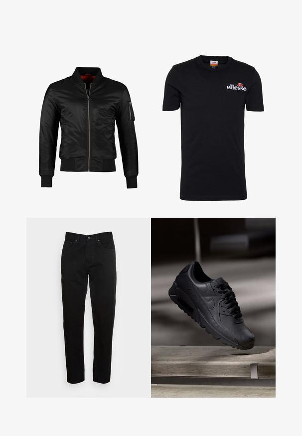 Chaqueta bomber negra hecha de nylon brillante con cierre frontal, puños acanalados y un bolsillo con cremallera en la manga izquierda. El interior es de un rojo brillante.; Camiseta de manga corta negra hecha de algodón. Presenta un escote redondo y un logo bordado de "ellesse" con un acento en rojo y naranja.; Jeans negros ajustados con cierre de botón frontal y diseño de cinco bolsillos, mostrados sobre un fondo gris claro liso.; Zapatillas Nike Air Max negras con parte superior de cuero texturizado, suela de goma y un sistema de cordones prominente, que muestran un diseño elegante y moderno.