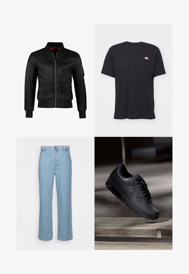 Sort bomberjakke lavet af skinnende nylon med frontlynlås, ribbede manchetter og en lynlåslomme på venstre ærme. Indersiden er lys rød.; Sort kortærmet t-shirt med rund hals og et lille farverigt Dickies-logo på venstre bryst mod en ensfarvet baggrund.; Lysblå denim jeans med lige ben design, der har knaplukning, bæltestropper og to forlommer.; Sorte Nike Air Max-sneakers med en struktureret læderoverdel, gummisål og fremtrædende snøresystem, der viser et slankt, moderne design.