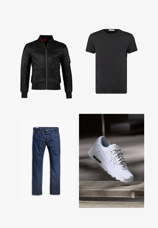 Sort bomberjakke lavet af skinnende nylon med frontlynlås, ribbede manchetter og en lynlåslomme på venstre ærme. Indersiden er lys rød.; Sort bomulds T-shirt med rund halsudskæring og korte ærmer. Stoffet har en glat tekstur og ingen mønstre eller detaljer. Normal pasform.; Mørkeblå denim jeans med lige ben, kontrastsyninger, knappelukning og fem lomme-stil.; Hvide lædersneakers med teksturerede overflader, polstret krave og synlig luftpolstring i sålen. Har snørrebånd og et minimalistisk design.