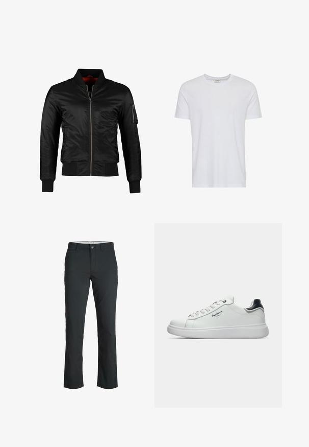 Sort bomberjakke lavet af skinnende nylon med frontlynlås, ribbede manchetter og en lynlåslomme på venstre ærme. Indersiden er lys rød.; Plain hvid kortærmet t-shirt med rund hals, vist på en hvid baggrund, med et lille nakke-label, der viser mærket “Solid”.; Jack & Jones Chino Slim Fit - Chino - black; Hvide lavtop sneakers med sort hælakse, hvide snørebånd og "Pepe Jeans London" logo på siden, vist i profil mod en hvid baggrund.