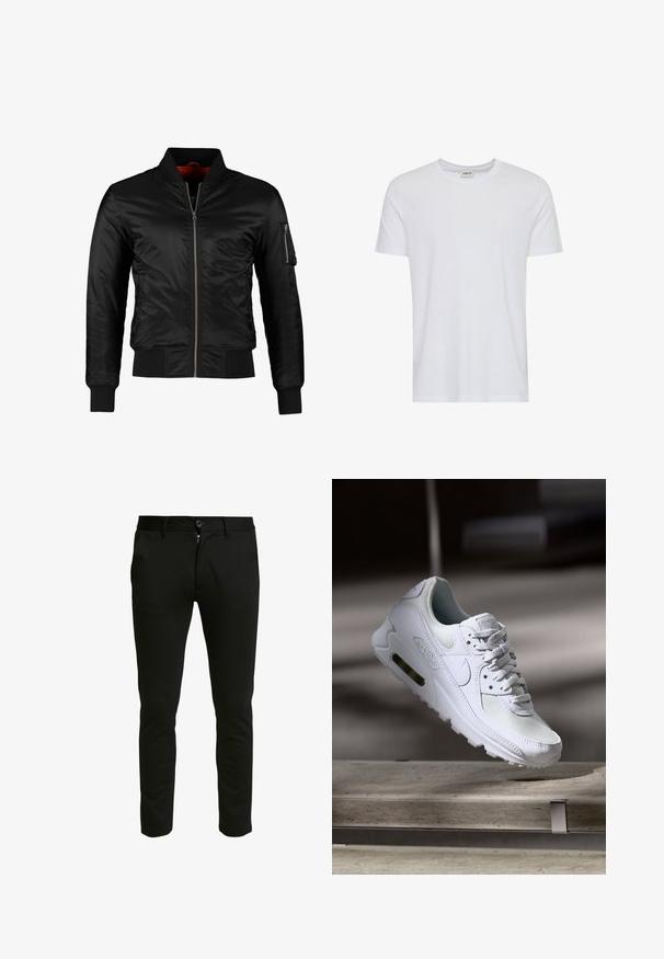 Chaqueta bomber negra hecha de nylon brillante con cierre frontal, puños acanalados y un bolsillo con cremallera en la manga izquierda. El interior es de un rojo brillante.; Camiseta blanca lisa de manga corta y cuello redondo, mostrada sobre un fondo blanco, con una pequeña etiqueta en el cuello que muestra la marca “Solid”.; Pantalones negros ajustados hechos de una tela suave. Con cierre de cremallera y botón, dos bolsillos laterales y una textura limpia y suave.; Zapatilla Nike Air Max 90 blanca con parte superior de malla y cuero, caja de puntera perforada y unidad de aire visible en el talón.