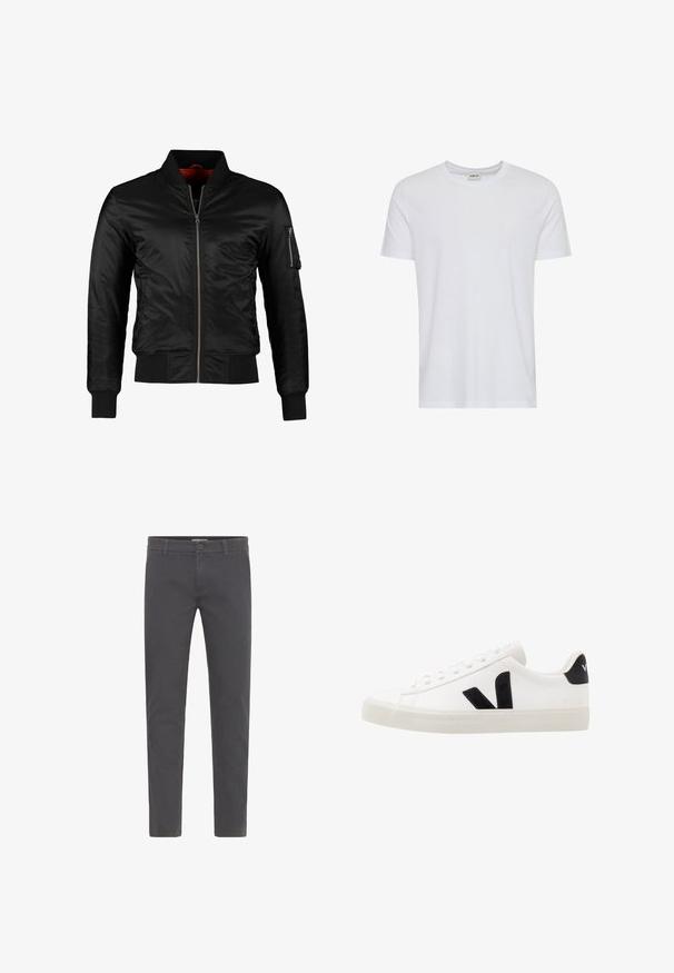 Chaqueta bomber negra hecha de nylon brillante con cierre frontal, puños acanalados y un bolsillo con cremallera en la manga izquierda. El interior es de un rojo brillante.; Camiseta blanca lisa de manga corta y cuello redondo, mostrada sobre un fondo blanco, con una pequeña etiqueta en el cuello que muestra la marca “Solid”.; Pantalones grises de corte ajustado, elaborados en suave algodón. Presentan un cierre con botón, presillas para cinturón y un diseño limpio y aerodinámico. Sin patrones visibles.; Zapatilla de cuero blanca con acentos de ante negro; presenta una suela de goma, puntera redonda y un diseño clásico de cordones. Logo lateral en negro.