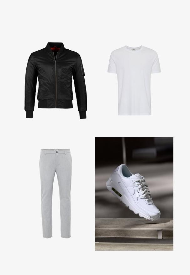 Sort bomberjakke lavet af skinnende nylon med frontlynlås, ribbede manchetter og en lynlåslomme på venstre ærme. Indersiden er lys rød.; Plain hvid kortærmet t-shirt med rund hals, vist på en hvid baggrund, med et lille nakke-label, der viser mærket “Solid”.; Lysegrå bukser lavet af vævet stof, med flad front, knaplukning og lige ben. Rene linjer og minimal dekoration.; Hvide lædersneakers med teksturerede overflader, polstret krave og synlig luftpolstring i sålen. Har snørrebånd og et minimalistisk design.