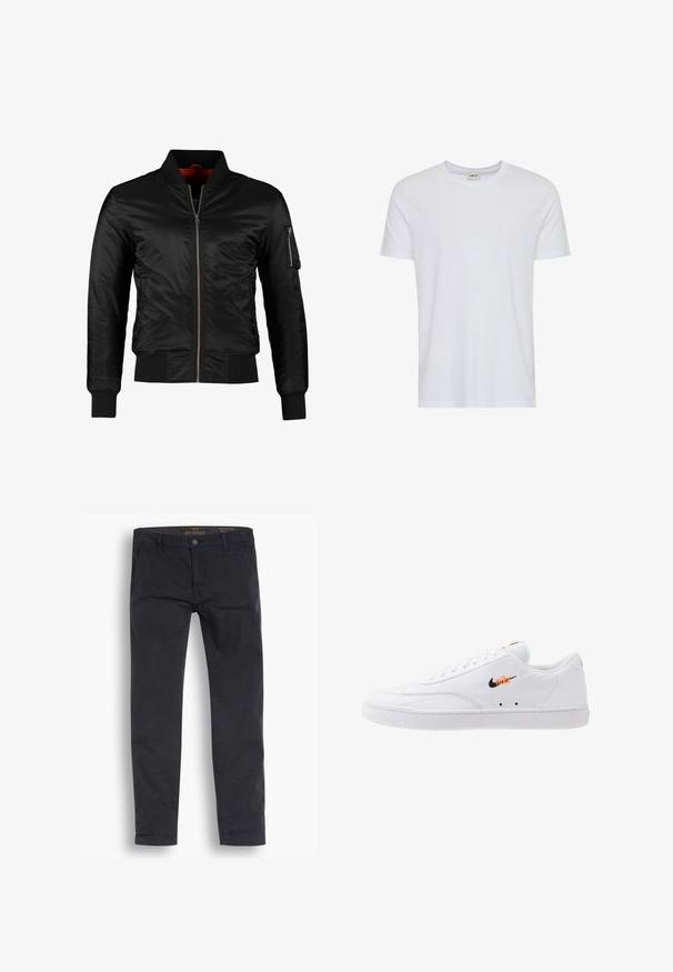 Chaqueta bomber negra hecha de nylon brillante con cierre frontal, puños acanalados y un bolsillo con cremallera en la manga izquierda. El interior es de un rojo brillante.; Camiseta blanca lisa de manga corta y cuello redondo, mostrada sobre un fondo blanco, con una pequeña etiqueta en el cuello que muestra la marca “Solid”.; Pantalones chinos negros de algodón. Presentan un diseño de pernera estándar, bolsillos frontales y un cierre de botón con una textura suave.; Zapatilla de cuero blanca con un acabado texturizado, logo negro y acento naranja. Presenta cordones blancos y una suela de goma.