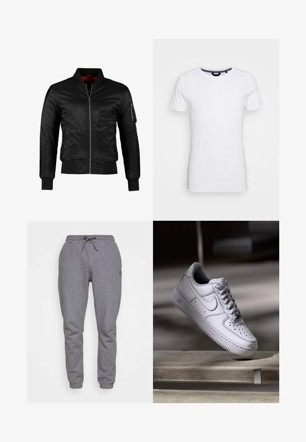 Sort bomberjakke lavet af skinnende nylon med frontlynlås, ribbede manchetter og en lynlåslomme på venstre ærme. Indersiden er lys rød.; Lindbergh T-shirts basic - white; Grå bomulds sweatpants med elastisk talje, snøre, sidelommer og et lille gult logo på låret. Tapered ben design.; Hvid læder Nike Air Force 1 sneaker med perforeret tå, flade snørebånd og tekstureret gummisål med "AIR" branding på siden.