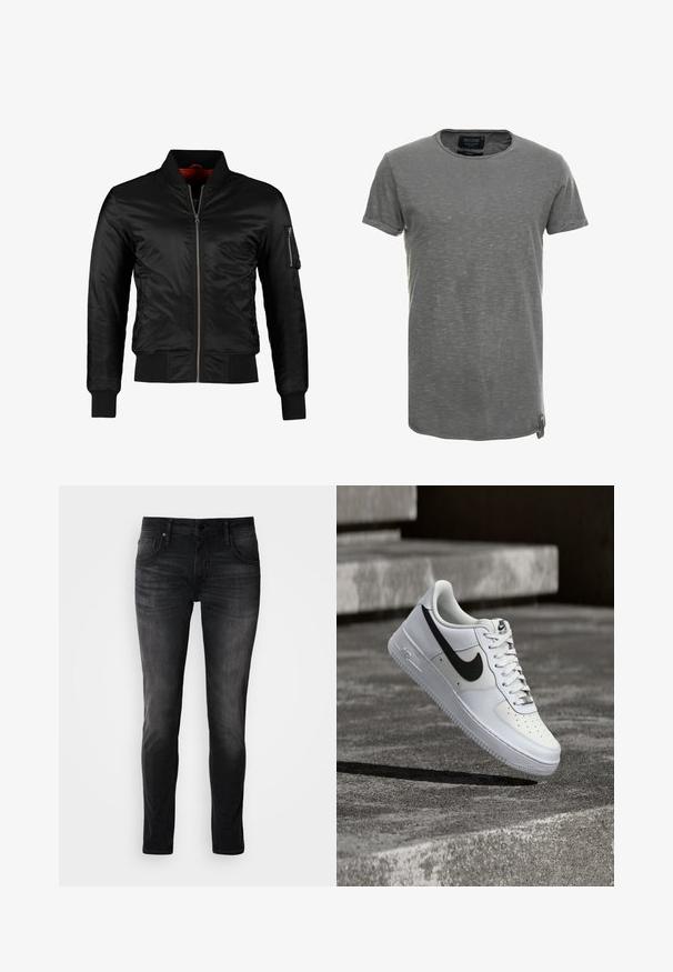 Schwarze Bomberjacke aus glänzendem Nylon mit einem Frontreißverschluss, gerippten Bündchen und einer Reißverschlusstasche am linken Ärmel. Das Innenfutter ist leuchtend rot.; Graues Kurzarm-T-Shirt aus weichem, strukturiertem Stoff. Es hat einen runden Halsausschnitt und ein dezentes meliert Muster, mit einem Markenetikett an der Seite.; Schwarze Denim-Jeans im Slim-Fit-Schnitt, mit fünf Taschen, dezentem Used-Look und Kontrastnähten. Ausgestattet mit klassischem Metallknopf und Reißverschluss.; Weißer Nike Air Force 1 Sneaker mit schwarzem Swoosh, geschnürten Schnürsenkeln, schwebend in der Luft über einer strukturierten Betonoberfläche im Freien.