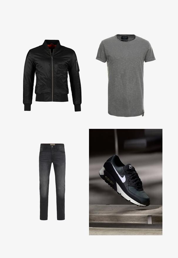 Schwarze Bomberjacke aus glänzendem Nylon mit einem Frontreißverschluss, gerippten Bündchen und einer Reißverschlusstasche am linken Ärmel. Das Innenfutter ist leuchtend rot.; Graues Kurzarm-T-Shirt aus weichem, strukturiertem Stoff. Es hat einen runden Halsausschnitt und ein dezentes meliert Muster, mit einem Markenetikett an der Seite.; Dunkelblaue Jeans mit Slim-Fit-Schnitt, Knopfverschluss, fünf Taschen und einem leichten Ausbleichungseffekt an den Oberschenkeln.; Schwarzer und grauer Nike Air Max Sneaker mit weißem Swoosh, schwebend über einer Betonfläche vor einem verschwommenen dunklen Hintergrund.